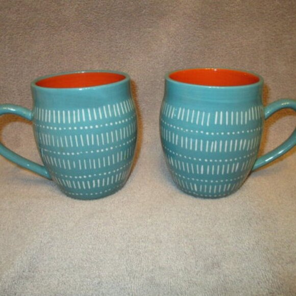 Vtg Baum Brothers Tangier Coffee Mug Cups Turquoise Teal 16 oz Artsy Set Of 2 - Picture 1 of 7